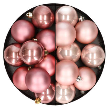 24x stuks kunststof kerstballen mix van lichtroze en oudroze 6 cm - Kerstbal