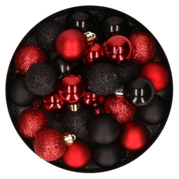 28x stuks kunststof kerstballen rood en zwart mix 3 cm - Kerstbal