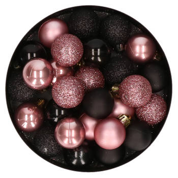 28x stuks kunststof kerstballen oudroze en zwart mix 3 cm - Kerstbal