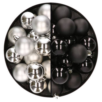 32x stuks kunststof kerstballen mix van zilver en zwart 4 cm - Kerstbal