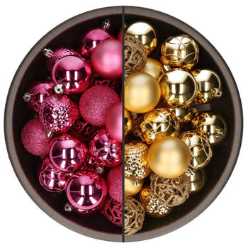74x stuks kunststof kerstballen mix van goud en fuchsia roze 6 cm - Kerstbal