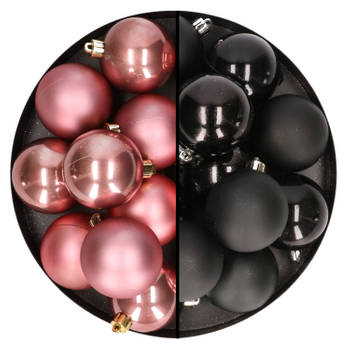 24x stuks kunststof kerstballen mix van zwart en oudroze 6 cm - Kerstbal