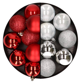 24x stuks kunststof kerstballen mix van rood en zilver 6 cm - Kerstbal