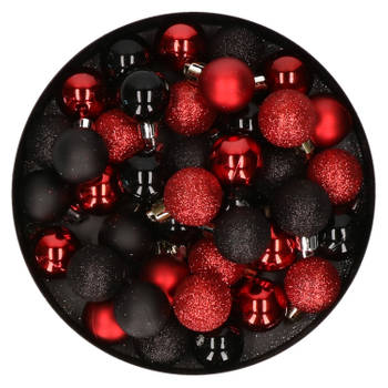 Set van 40x stuks kunststof kerstballen mix zwart en rood 3 cm - Kerstbal