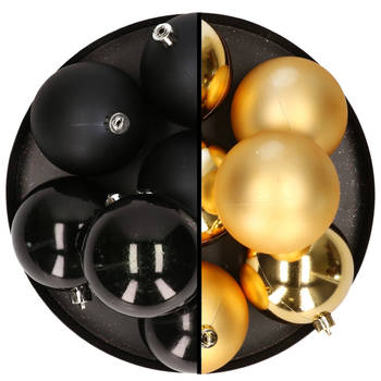 12x stuks kunststof kerstballen 8 cm mix van zwart en goud - Kerstbal