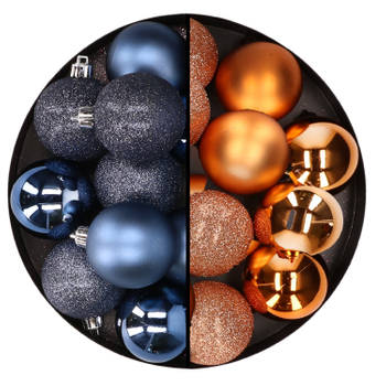 24x stuks kunststof kerstballen mix van donkerblauw en koper 6 cm - Kerstbal