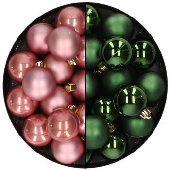 32x stuks kunststof kerstballen mix van oudroze en donkergroen 4 cm - Kerstbal