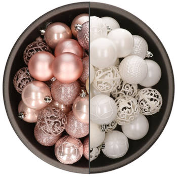 74x stuks kunststof kerstballen mix van lichtroze en wit 6 cm - Kerstbal