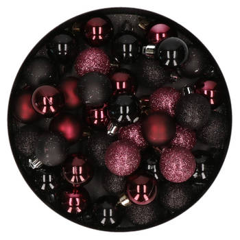 Set van 40x stuks kunststof kerstballen mix zwart en aubergine paars 3 cm - Kerstbal