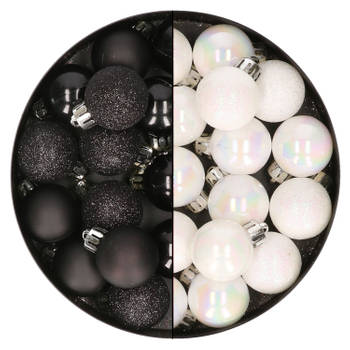 28x stuks kleine kunststof kerstballen zwart en parelmoer wit 3 cm - Kerstbal
