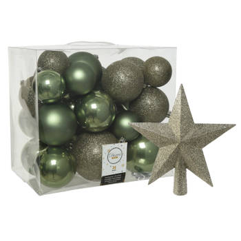 Kerstballen set 26x stuks kerstballen en ster piek mosgroen kunststof - Kerstbal