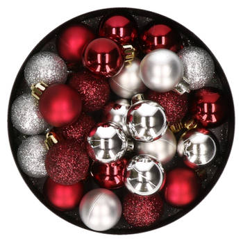 28x stuks kunststof kerstballen zilver en donkerrood mix 3 cm - Kerstbal