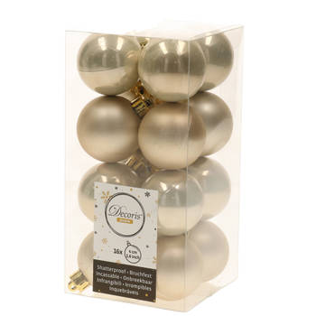 Decoris kleine kerstballen - 16x st - licht champagne - 4 cm - kunststof - Kerstbal
