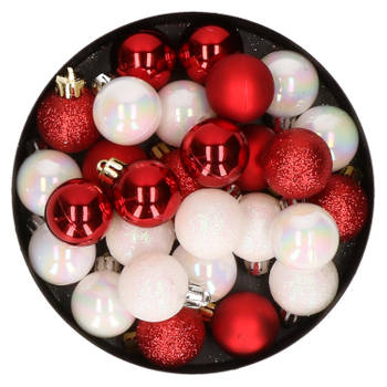 28x stuks kunststof kerstballen parelmoer wit en rood mix 3 cm - Kerstbal