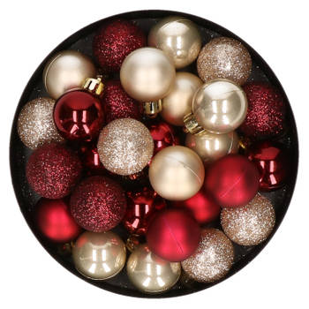 28x stuks kunststof kerstballen parel/champagne en donkerrood mix 3 cm - Kerstbal