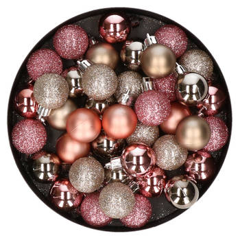 Set van 40x stuks kunststof kerstballen mix champagne en roze 3 cm - Kerstbal