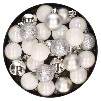28x stuks kunststof kerstballen parelmoer wit en zilver mix 3 cm - Kerstbal