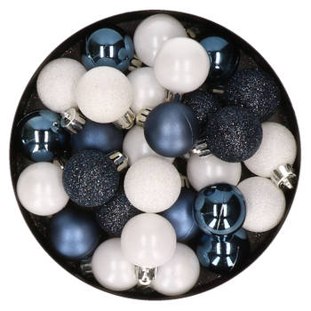 28x stuks kunststof kerstballen donkerblauw en wit mix 3 cm - Kerstbal