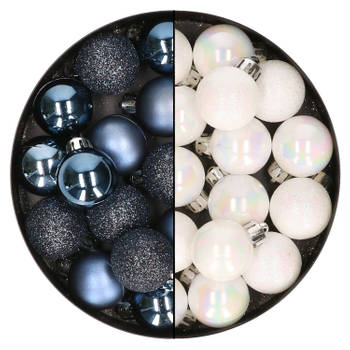 28x stuks kleine kunststof kerstballen donkerblauw en parelmoer wit 3 cm - Kerstbal