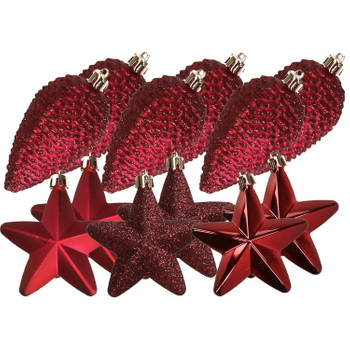 Dennenappels en sterren kerstornamenten - 12 stuks - kunststof - donkerrood - Kersthangers