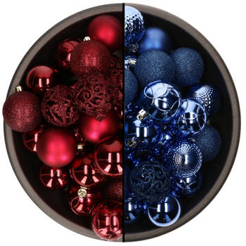 74x stuks kunststof kerstballen mix van kobalt blauw en donkerrood 6 cm - Kerstbal