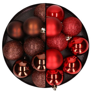 24x stuks kunststof kerstballen mix van donkerbruin en rood 6 cm - Kerstbal