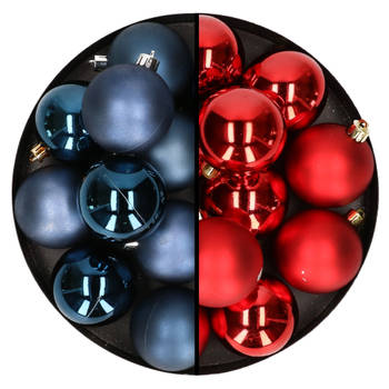 24x stuks kunststof kerstballen mix van rood en donkerblauw 6 cm - Kerstbal