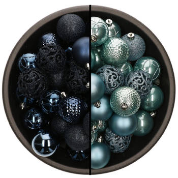 74x stuks kunststof kerstballen mix van donkerblauw en ijsblauw 6 cm - Kerstbal