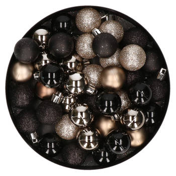 Set van 48x stuks kunststof kerstballen mix zwart en champagne 3 cm - Kerstbal
