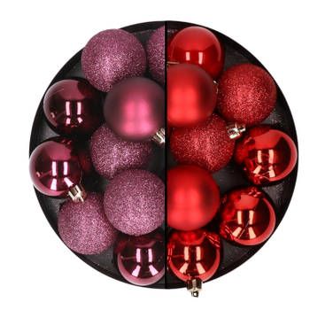 24x stuks kunststof kerstballen mix van aubergine en rood 6 cm - Kerstbal
