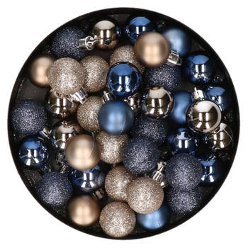 Set van 40x stuks kunststof kerstballen mix champagne en donkerblauw 3 cm - Kerstbal