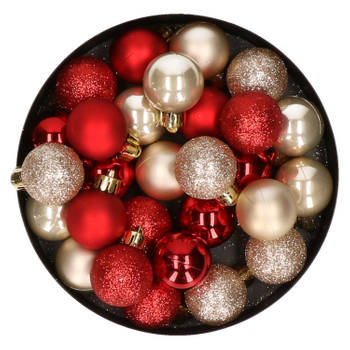 28x stuks kunststof kerstballen parel/champagne en rood mix 3 cm - Kerstbal
