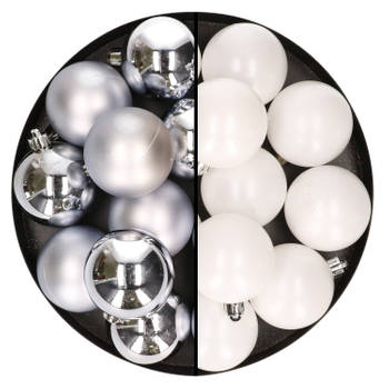 24x stuks kunststof kerstballen mix van zilver en wit 6 cm - Kerstbal
