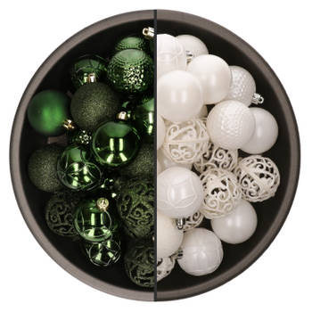 74x stuks kunststof kerstballen mix van wit en donkergroen 6 cm - Kerstbal