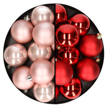 24x stuks kunststof kerstballen mix van lichtroze en rood 6 cm - Kerstbal