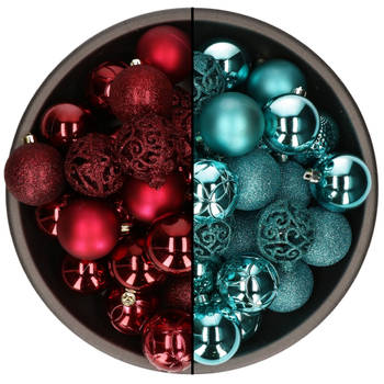 74x stuks kunststof kerstballen mix van turquoise blauw en donkerrood 6 cm - Kerstbal