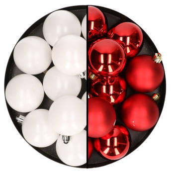 24x stuks kunststof kerstballen mix van wit en rood 6 cm - Kerstbal