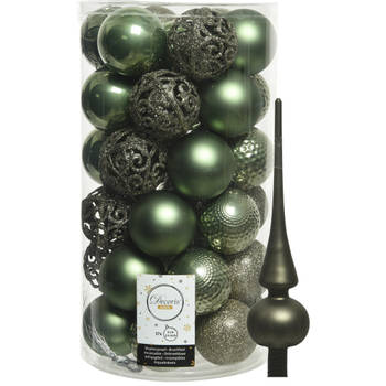 37x stuks kunststof kerstballen 6 cm incl. matte glazen piek mosgroen - Kerstbal