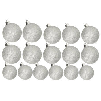 Kerstversiering set glitter kerstballen zilver 6 - 8 -10 cm - pakket van 50x stuks - Kerstbal