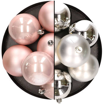 12x stuks kunststof kerstballen 8 cm mix van lichtroze en zilver - Kerstbal