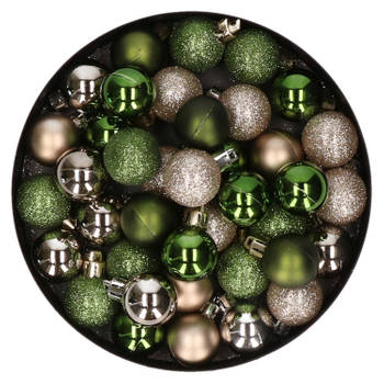 Kleine kunststof kerstballen 40x st 3 cm in champagne en groen - Kerstbal