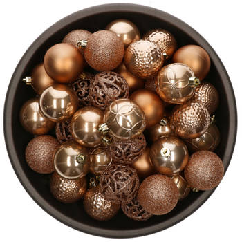 37x stuks kunststof kerstballen camel bruin 6 cm glans/mat/glitter mix - Kerstbal