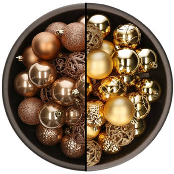 74x stuks kunststof kerstballen mix van camel bruin en goud 6 cm - Kerstbal
