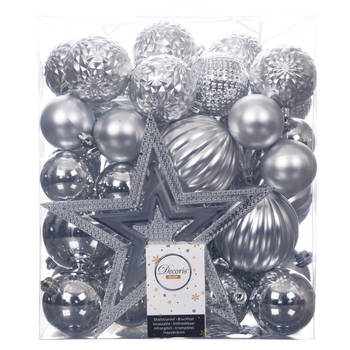 Set 66x stuks kunststof kerstballen met ster piek zilver - Kerstbal