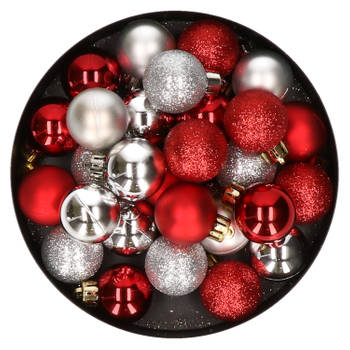 28x stuks kunststof kerstballen rood en zilver mix 3 cm - Kerstbal