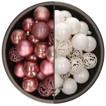 74x stuks kunststof kerstballen mix van wit en oudroze 6 cm - Kerstbal