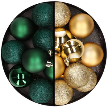 24x stuks kunststof kerstballen mix van donkergroen en goud 6 cm - Kerstbal