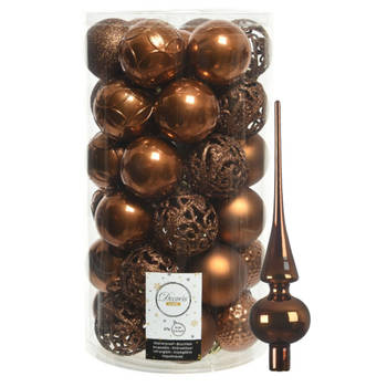 37x stuks kunststof kerstballen 6 cm incl. glanzende glazen piek kaneel bruin - Kerstbal