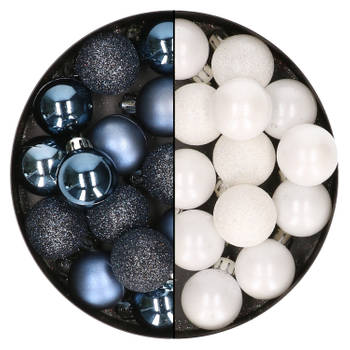 28x stuks kleine kunststof kerstballen wit en nachtblauw 3 cm - Kerstbal