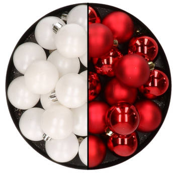 32x stuks kunststof kerstballen mix van wit en rood 4 cm - Kerstbal